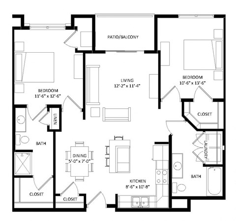 Floor plan for 2 beds, 2 baths, 1097 sqft